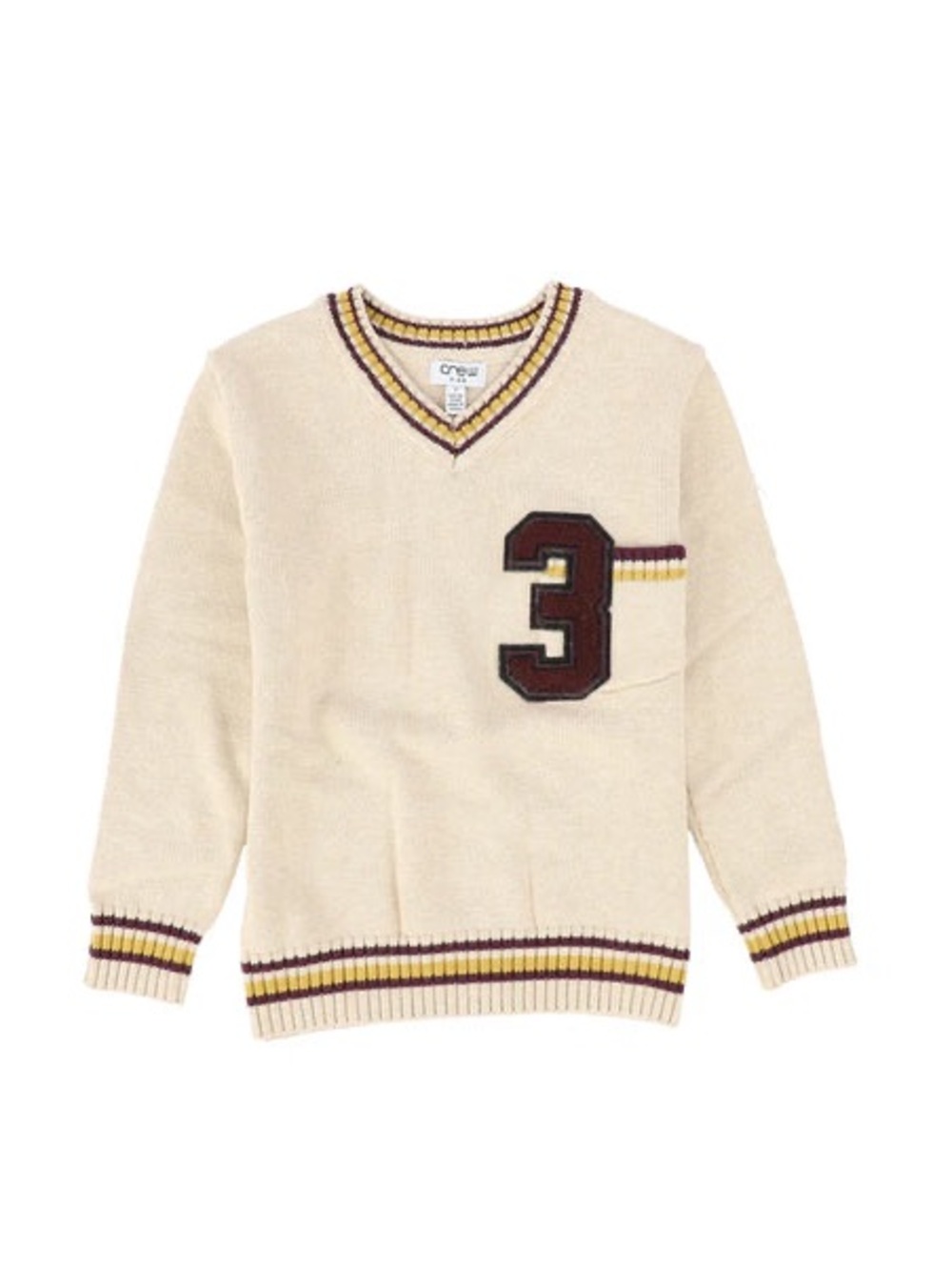 NWT Kids Sz 14 Beige Tan V Neck Varsity Knit Sweater Ribbed Cuffs, Yellow Maroon